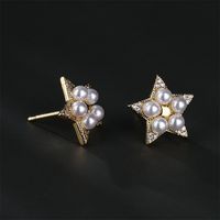 Golden Copper Micro-inlaid Zircon Pearl Five-pointed Star Stud Earrings main image 3