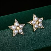 Golden Copper Micro-inlaid Zircon Pearl Five-pointed Star Stud Earrings main image 4