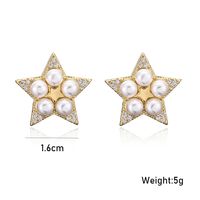Golden Copper Micro-inlaid Zircon Pearl Five-pointed Star Stud Earrings main image 5