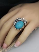 European And American Creative Embossed Tree Leaves Turquoise Retro Ring main image 3