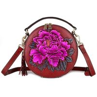 Genuine Leather Embossed Ladies Handbag Round Bucket Bag Tassel Small Round Bag sku image 1