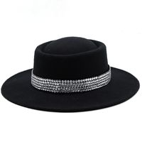 Fashion Women's Hat Woolen Big Brim Hat Solid Color Rhinestone Flat-brimmed Top Hat sku image 1