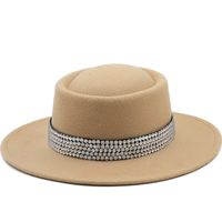 Fashion Women's Hat Woolen Big Brim Hat Solid Color Rhinestone Flat-brimmed Top Hat sku image 4