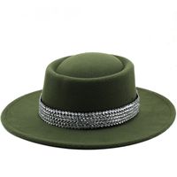 Fashion Women's Hat Woolen Big Brim Hat Solid Color Rhinestone Flat-brimmed Top Hat sku image 7