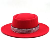 Fashion Women's Hat Woolen Big Brim Hat Solid Color Rhinestone Flat-brimmed Top Hat sku image 8