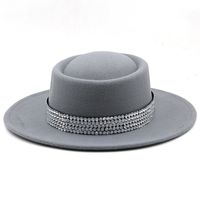 Fashion Women's Hat Woolen Big Brim Hat Solid Color Rhinestone Flat-brimmed Top Hat sku image 9