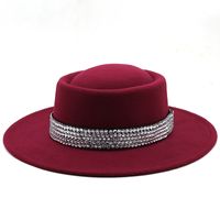 Fashion Women's Hat Woolen Big Brim Hat Solid Color Rhinestone Flat-brimmed Top Hat sku image 10