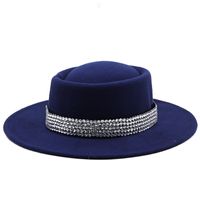 Fashion Women's Hat Woolen Big Brim Hat Solid Color Rhinestone Flat-brimmed Top Hat sku image 11
