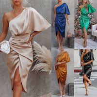 Women's One Shoulder Skirt Casual Elegant Sexy Oblique Collar Slit Pleated Half Sleeve Solid Color Knee-length Outdoor Daily main image 1