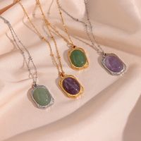 Vintage Style Oval Stainless Steel Plating Natural Stone Pendant Necklace main image 1