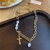 Fashion Cross Heart Shape Titanium Steel Pearl Chain Necklace 1 Piece main image 4