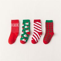 Kid's Retro Santa Claus Stripe Plaid Cotton Crew Socks 4 Piece Set main image 4