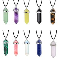 Fashion Hexagon Prism Natural Stone Leather Rope Pendant Necklace 1 Piece main image 6
