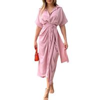 Women's Shirt Dress Fashion Turndown Short Sleeve Solid Color Midi Dress Street sku image 3