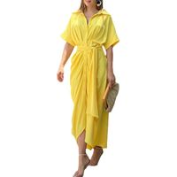 Women's Shirt Dress Fashion Turndown Short Sleeve Solid Color Midi Dress Street sku image 9