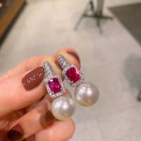 Retro Solid Color Copper Inlay Artificial Gemstones Pearl Earrings 1 Pair sku image 2