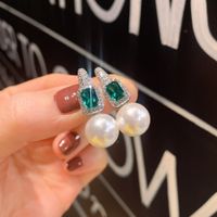 Retro Solid Color Copper Inlay Artificial Gemstones Pearl Earrings 1 Pair sku image 1