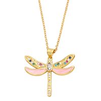 Retro Insect Dragonfly Copper Enamel Gold Plated Zircon Pendant Necklace 1 Piece sku image 2