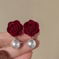 Retro Heart Shape Flower Bow Knot Flocking Inlay Artificial Pearls Rhinestones Women's Earrings 1 Pair sku image 2