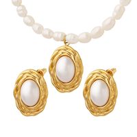 Retro Oval Titanium Steel Inlay Artificial Pearls Earrings Necklace main image 3