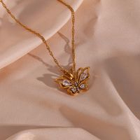 Fashion Butterfly Stainless Steel Titanium Steel Plating Hollow Out Inlay Zircon Pendant Necklace 1 Piece main image 1