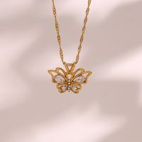 Fashion Butterfly Stainless Steel Titanium Steel Plating Hollow Out Inlay Zircon Pendant Necklace 1 Piece main image 4