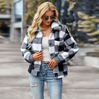 Women's Fashion Plaid Pocket Single Breasted Coat Woolen Coat sku image 16