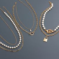 Retro Geometric Lock Imitation Pearl Alloy Inlay Rhinestones Women's Layered Necklaces 1 Piece main image 3
