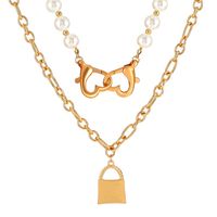 Retro Geometric Lock Imitation Pearl Alloy Inlay Rhinestones Women's Layered Necklaces 1 Piece sku image 4