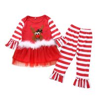 Christmas Fashion Stripe Elk Cotton Girls Clothing Sets sku image 1