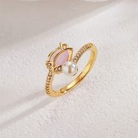 Fashion Flower Copper Gold Plated Artificial Pearls Zircon Open Ring 1 Piece main image 5