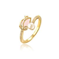 Fashion Flower Copper Gold Plated Artificial Pearls Zircon Open Ring 1 Piece main image 4