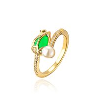 Fashion Flower Copper Gold Plated Artificial Pearls Zircon Open Ring 1 Piece sku image 1