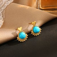 Ethnic Style Heart Shape Stainless Steel Inlay Turquoise Drop Earrings 1 Pair main image 1