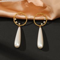 Elegant Round Stainless Steel Inlay Artificial Pearls Rhinestones Drop Earrings 1 Pair main image 2