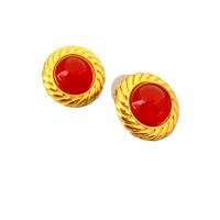 Retro Round Copper Inlay Artificial Gemstones Ear Studs 1 Pair main image 3