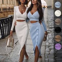 Women's Fashion Solid Color Polyester Slit Button Skirt Sets main image 1
