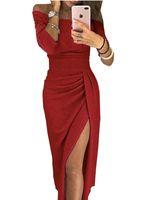 Women's Slit Dress Sexy Boat Neck Patchwork 3/4 Length Sleeve Solid Color Midi Dress Banquet main image 4