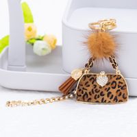 Retro Bag Heart Shape Leopard Pu Leather Inlay Rhinestones Women's Bag Pendant Keychain main image 2