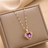 Fashion Heart Shape Titanium Steel Plating Inlay Rhinestones Pendant Necklace 1 Piece sku image 2