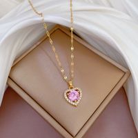Fashion Heart Shape Titanium Steel Copper Plating Hollow Out Inlay Zircon Pendant Necklace sku image 1