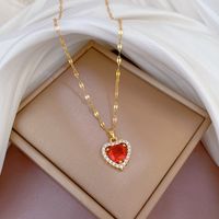 Fashion Heart Shape Titanium Steel Copper Plating Hollow Out Inlay Zircon Pendant Necklace sku image 3
