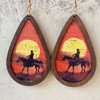 1 Pair Retro Stripe Water Droplets Horse Pu Leather Wood Iron Earrings main image 5