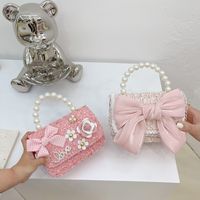 Girl's Small Cotton And Linen Flower Bow Knot Fashion Pearl Square Magnetic Buckle Crossbody Bag main image 4