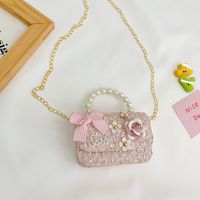 Girl's Small Cotton And Linen Flower Bow Knot Fashion Pearl Square Magnetic Buckle Crossbody Bag sku image 2