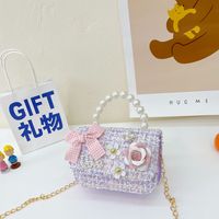 Girl's Small Cotton And Linen Flower Bow Knot Fashion Pearl Square Magnetic Buckle Crossbody Bag sku image 6