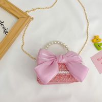 Girl's Small Cotton And Linen Flower Bow Knot Fashion Pearl Square Magnetic Buckle Crossbody Bag sku image 9
