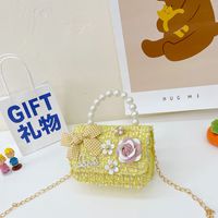 Girl's Small Cotton And Linen Flower Bow Knot Fashion Pearl Square Magnetic Buckle Crossbody Bag sku image 1