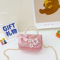Girl's Small Cotton And Linen Flower Bow Knot Fashion Pearl Square Magnetic Buckle Crossbody Bag sku image 3