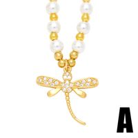Simple Style Dragonfly Butterfly Imitation Pearl Copper Beaded Gold Plated Zircon Pendant Necklace 1 Piece main image 5
